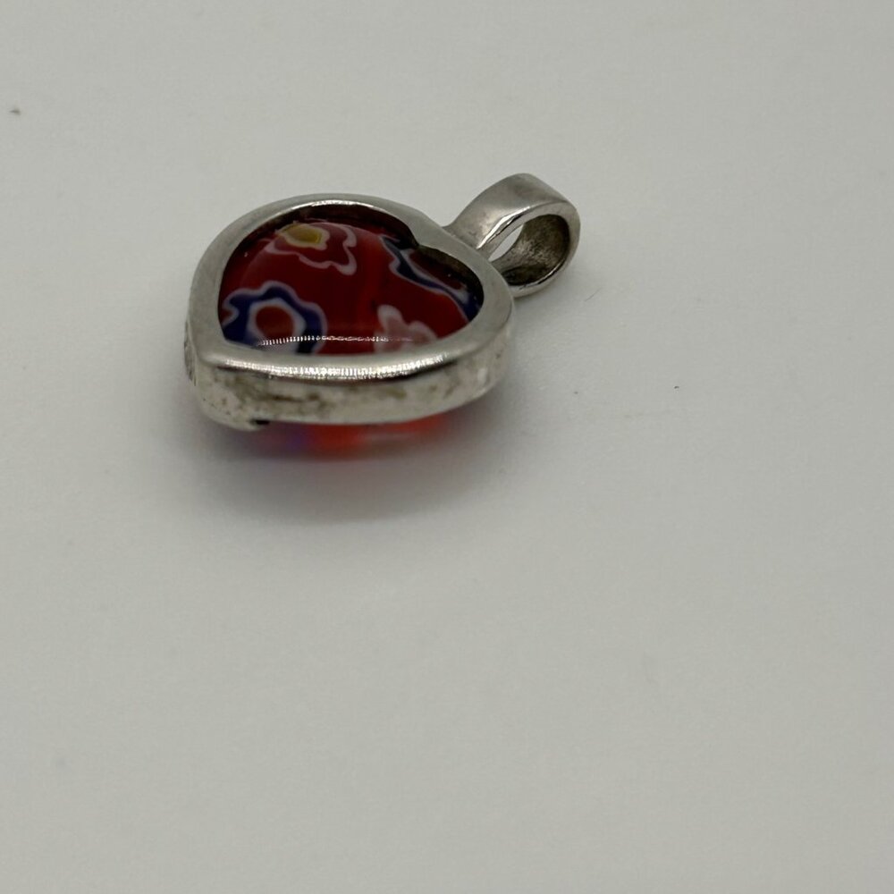 Sterling Silver Heart Pendant With Millefiori Glass Design Red Multicolor 925 - Picture 10 of 11